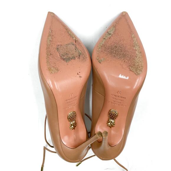 Aquazzura Christy Pumps Tan Leather Heels Curvy Lace Up Pointed Toe Sz 37 / 7 US - Picture 10 of 11